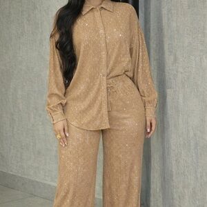 Tan Sparkle Button-Up Shirt and Pants Set. NEW